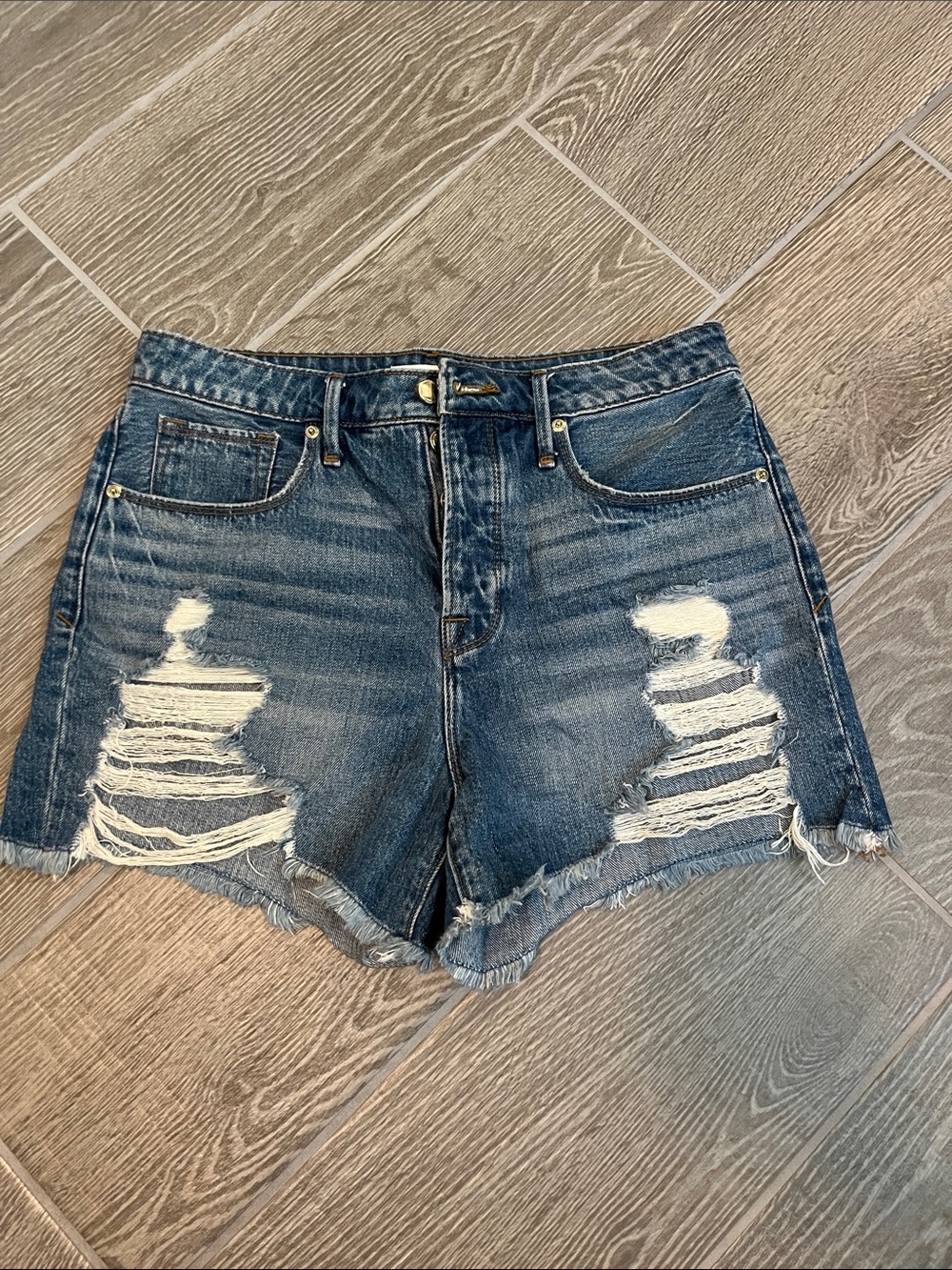 Distressed High-Rise Denim Shorts - Dark Blue